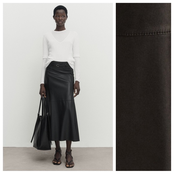 NWT. Massimo Dutti Black Leather Midi A-silhouette Skirt with Belt. Size XS, S. - Picture 1 of 13